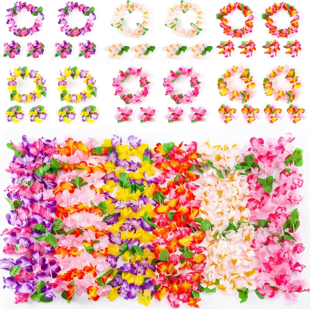 Hawaiian Leis, 48PCS Luau Party Decorations Including Necklace Headbands and Wristbands for Tropical Themed Party Girl Birthday Decor